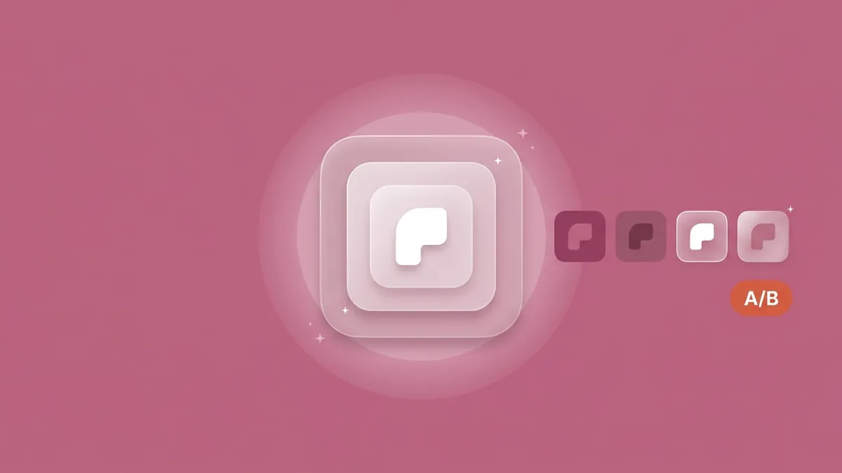 Flat-vector illustration of a rounded app icon tile built from three floating frosted glass layers, beside a row of four small tiles showing the same glyph in color, dark, clear and tinted treatments and a small coral A/B pill, on a full-bleed dusty mauve panel