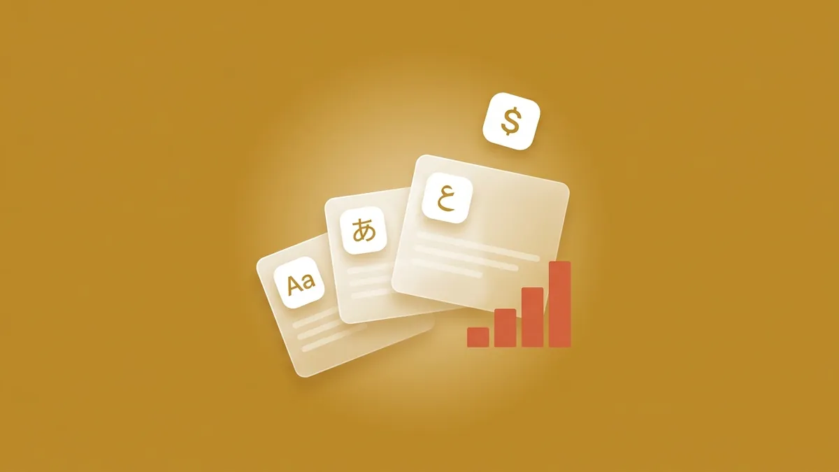 Flat-vector illustration of three translucent white App Store listing cards fanned upward like ascending steps, each with a small language tile, beside a small coral stepped bar chart and a floating white currency tile, on a full-bleed golden ochre panel