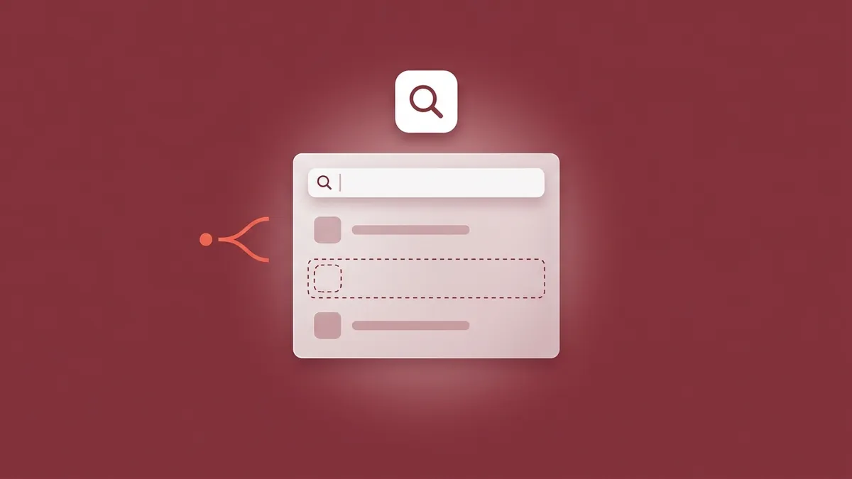Flat-vector illustration of a frosted translucent App Store search card with three result rows, the middle row an empty dashed outline, a white magnifier tile floating above and a small coral branching fork beside it, on a full-bleed burgundy panel