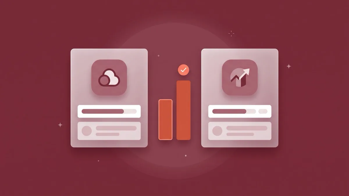 Flat-vector illustration of two translucent App Store product-page cards side by side, an A and a B variant, with a coral conversion bar chart between them and a coral checkmark pill on the winning variant, on a full-bleed burgundy panel