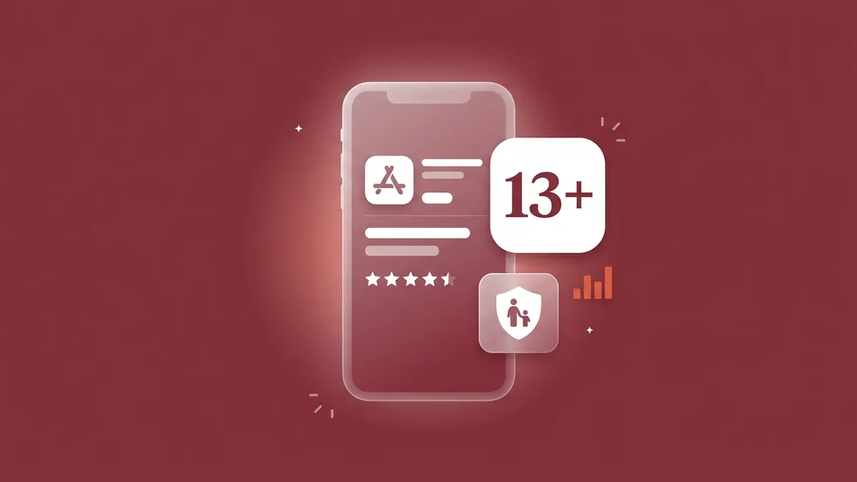 Flat-vector illustration of a translucent phone product page beside a white 13+ age badge tile, a frosted parental-controls shield tile and a small coral bar chart, on a full-bleed burgundy panel