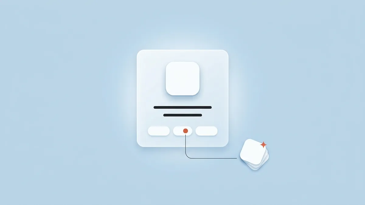 Flat-vector illustration of a translucent App Store search result with three rounded tag chips under the title, one marked with a coral dot and linked to a small stack of app-icon tiles, with a coral sparkle, on a full-bleed powder blue panel