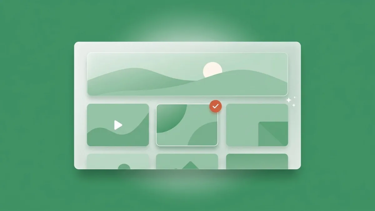 Flat-vector illustration of a frosted asset library panel holding a wide header tile, 3:2 and 16:9 tiles, one with a play triangle and one with a coral check badge, on a full-bleed editorial green panel