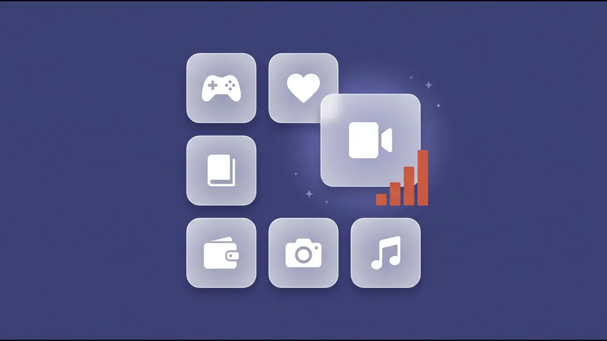 Flat-vector illustration of a grid of frosted category tiles for games, health, books, finance, photo and music, with one tile lifted forward beside a small coral bar chart, on a full-bleed slate indigo panel