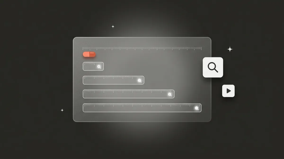 Flat-vector illustration of a large frosted metadata panel with five horizontal field bars of different lengths like a ruler, fine white tick marks along its top edge, white magnifier dots on three bars, a small coral 30 pill on the first bar, and small search and Google Play tiles floating beside it, on a full-bleed charcoal panel
