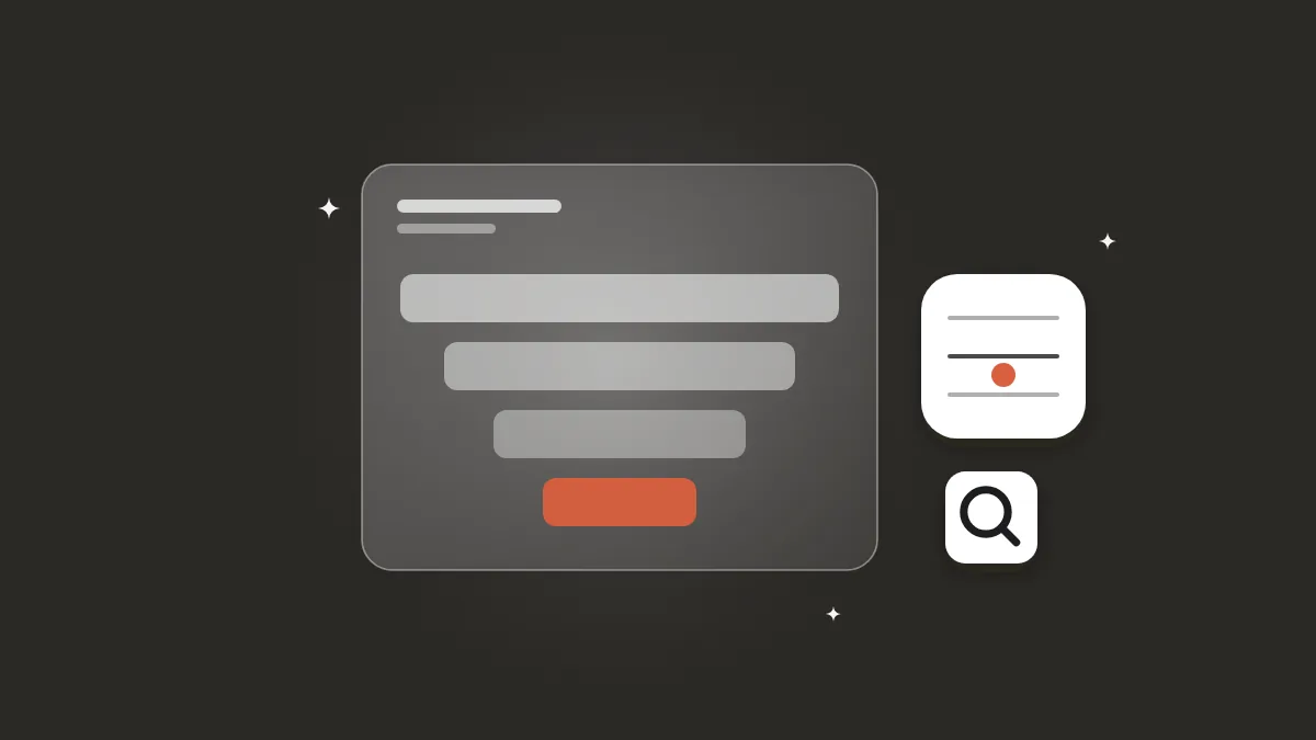 Flat-vector illustration of a translucent analytics panel with a narrowing four-step funnel ending in a coral bar, a floating percentile-band tile with a coral dot and a small search tile, on a full-bleed charcoal panel