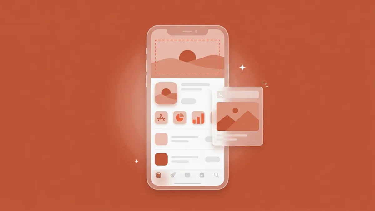 Flat-vector illustration of a translucent iPhone product page with a wide header band and a coral dashed safe-area frame, beside a floating 3:2 search result card, on a full-bleed terracotta panel