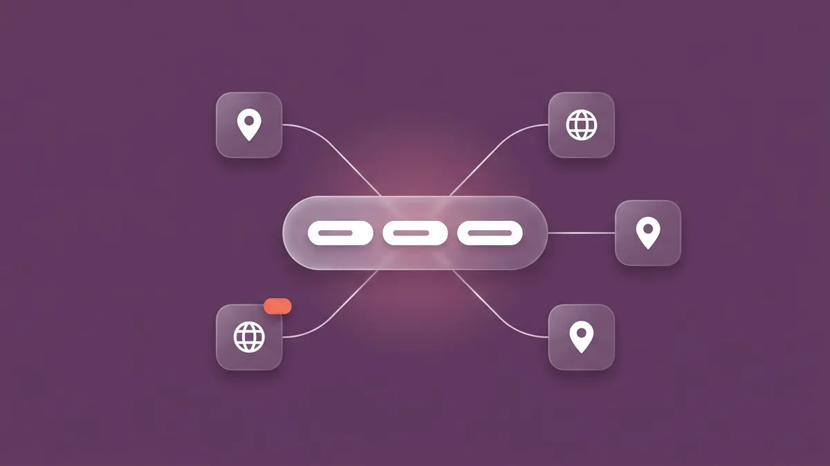 Flat-vector illustration of one frosted keyword-field bar holding three white tag chips, with thin white connector lines fanning out to five small rounded storefront tiles marked with pin and globe glyphs, one tile carrying a tiny coral 12 pill, on a full-bleed plum panel