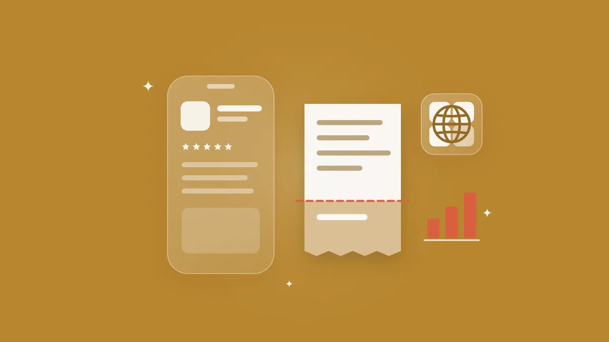 Flat-vector illustration of a translucent phone with an app listing, a receipt strip split by a coral cut-line, a small coral bar chart and a floating globe of regional tiles, on a full-bleed golden ochre panel