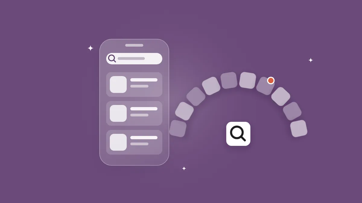 Flat-vector illustration of a translucent phone with an App Store search bar beside a fan of ten rounded language tiles, one marked with a coral dot, and a floating search tile, on a full-bleed plum panel