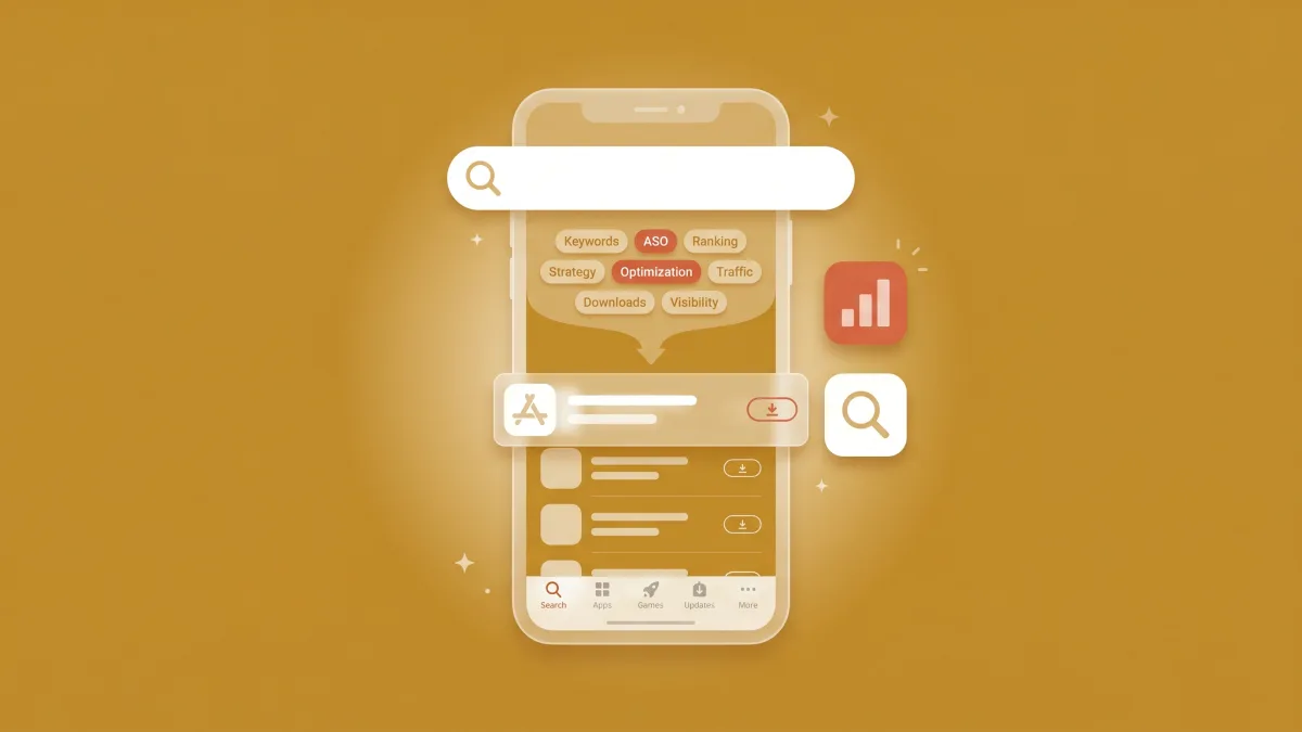 Flat-vector illustration of a translucent iPhone showing an App Store search bar with keyword chips funnelling into a ranked results list, a small coral bar chart and a magnifier tile floating beside it, on a golden-ochre panel