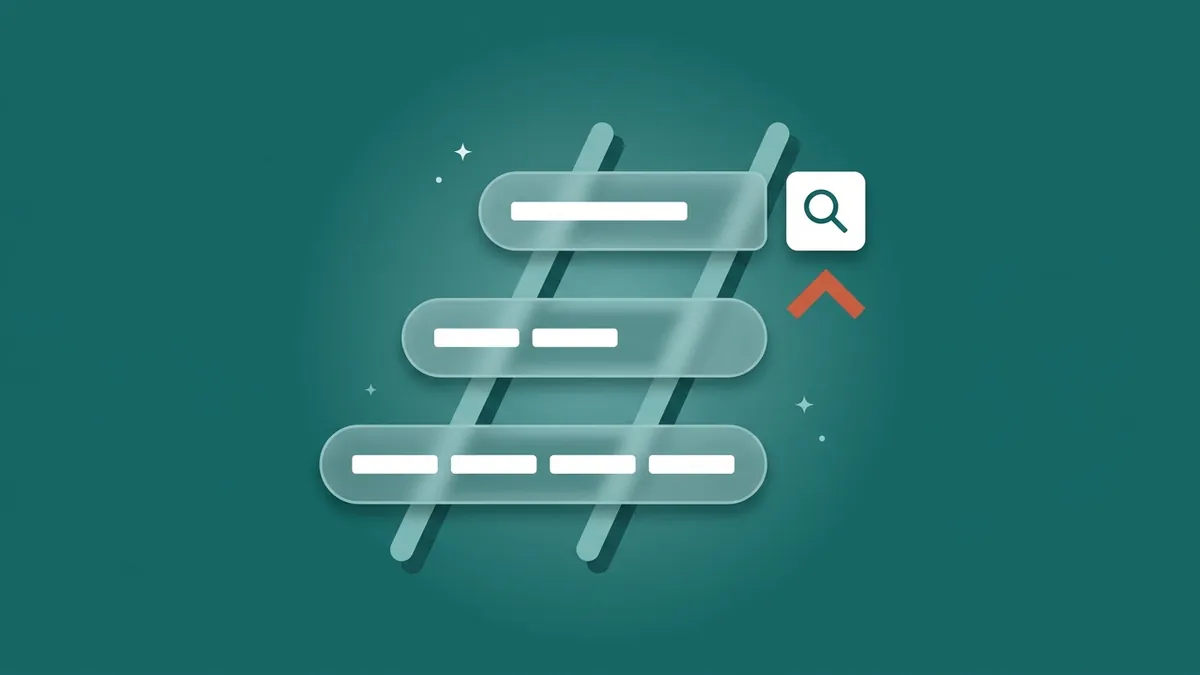 Flat-vector illustration of three frosted search-bar pills stacked as ladder rungs, from a long phrase at the bottom to a single bold term at the top, with a white magnifier tile and a coral upward chevron, on a full-bleed deep teal panel