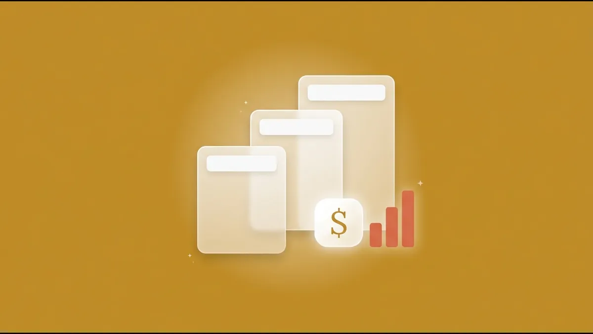 Flat-vector illustration of three frosted pricing cards of rising height beside a white dollar-sign tile and a small coral bar chart, on a full-bleed golden ochre panel