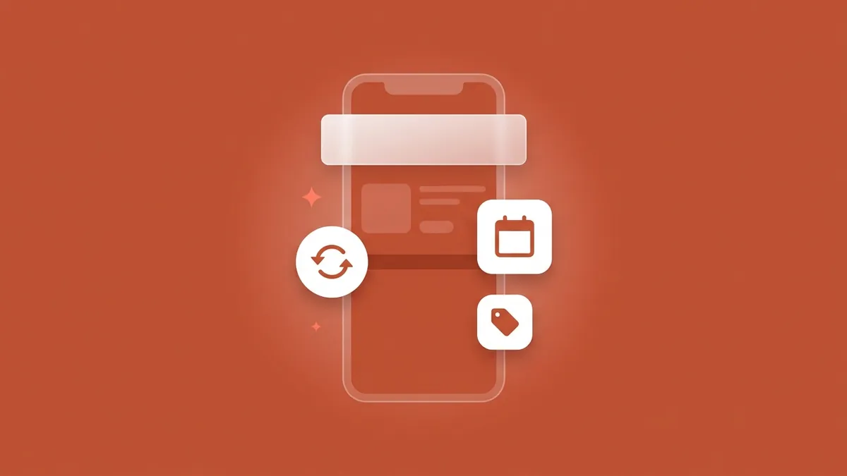 Flat-vector illustration of a translucent phone product page with a frosted promotional text banner, a circular swap arrow, a calendar tile and a small tag, on a full-bleed terracotta panel