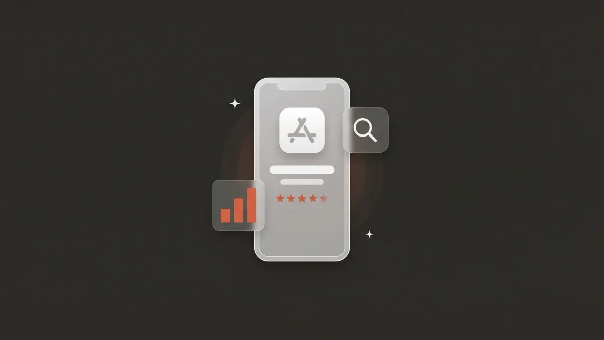 Flat-vector illustration of a translucent iPhone showing an App Store listing with a coral five-star rating row, a small coral bar chart and a search icon tile, on a deep charcoal panel