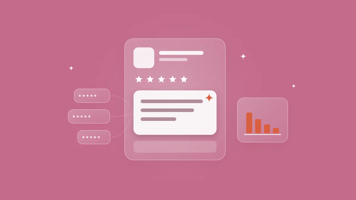 Flat-vector illustration of a translucent App Store product page with a five-star rating row and a frosted AI summary card fed by a stack of review bubbles, a coral sparkle and a small coral theme bar chart, on a full-bleed dusty mauve panel