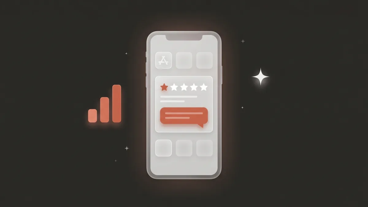 Flat-vector illustration of a translucent phone showing an app review card with a five-star rating row and a coral developer reply bubble, a small coral bar chart floating beside it, on a deep charcoal panel