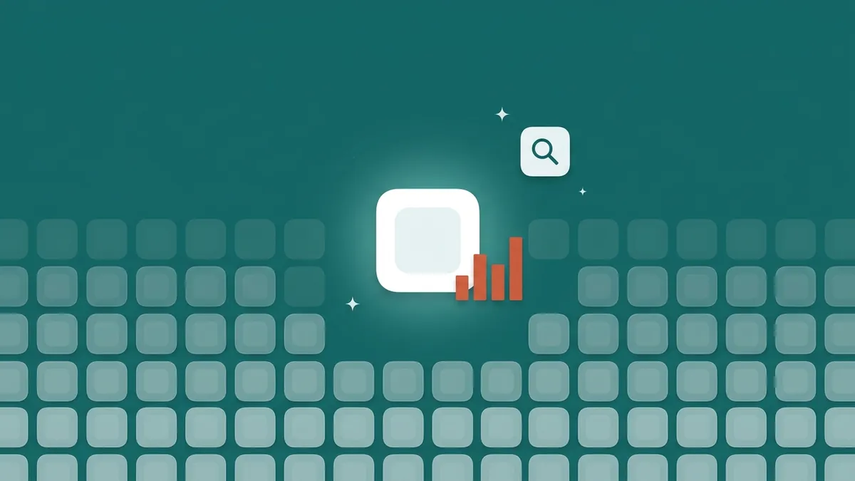 Flat-vector illustration of a dense grid of identical translucent app icons with one white app icon lifted above them beside a small coral bar chart and a search tile, on a full-bleed deep teal panel