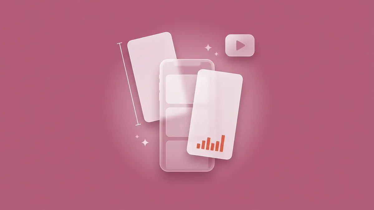 Flat-vector illustration of a translucent phone with three tall portrait screenshot tiles fanned beside it, a thin white dimension bracket along one tile's long edge, a small rounded play-button tile floating top-right and a tiny coral bar chart on the front tile, on a full-bleed dusty mauve panel