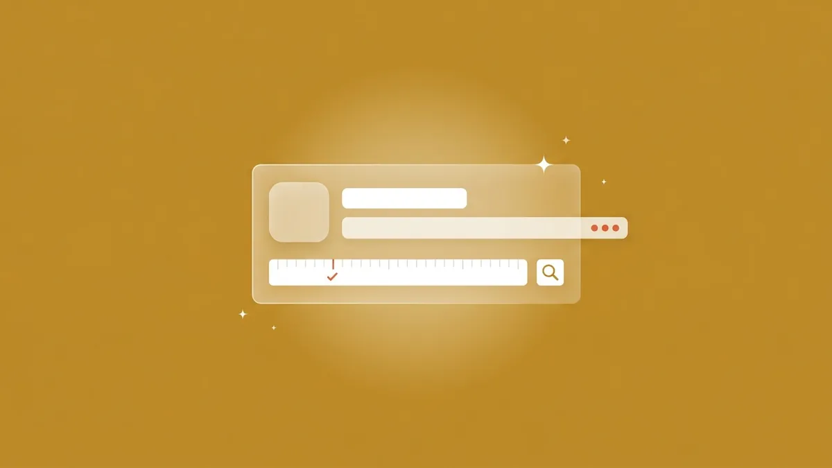 Flat-vector illustration of a translucent App Store search-result card whose subtitle bar ends in a coral ellipsis at the card edge, above a white ruler tile with one coral tick and a small magnifier tile, on a full-bleed golden ochre panel