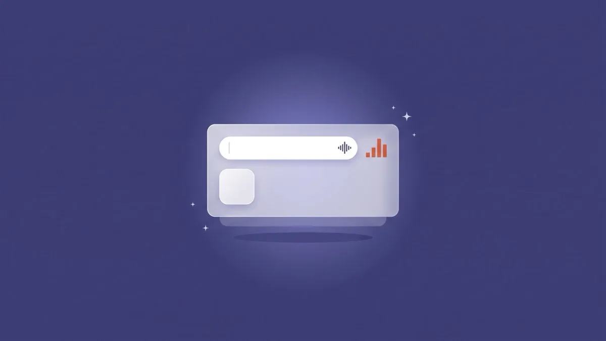 Flat-vector illustration of a translucent spatial App Store search panel floating in mid-air with a voice-input waveform in the search bar, a single app-icon tile and a small coral bar chart beside it, on a full-bleed slate indigo panel