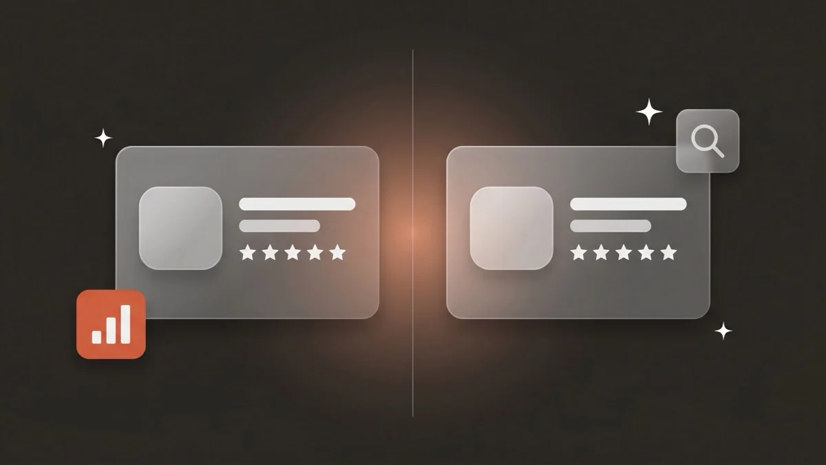 Flat-vector illustration of two translucent app store listings side by side, separated by a vertical seam, with a small coral bar chart and a search icon