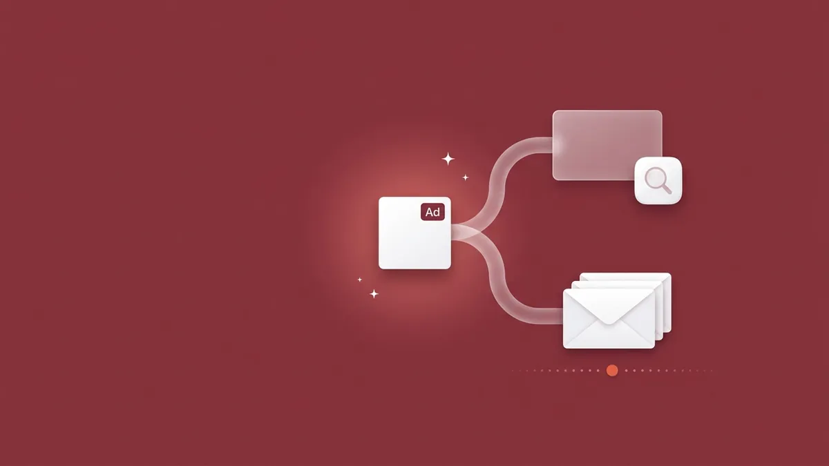 Flat-vector illustration of an Ad tag tile feeding two translucent pipes, one ending in a frosted keyword record card with a magnifier tile, the other in a stack of sealed postback envelopes on a dotted timeline with a coral dot, on a full-bleed burgundy panel