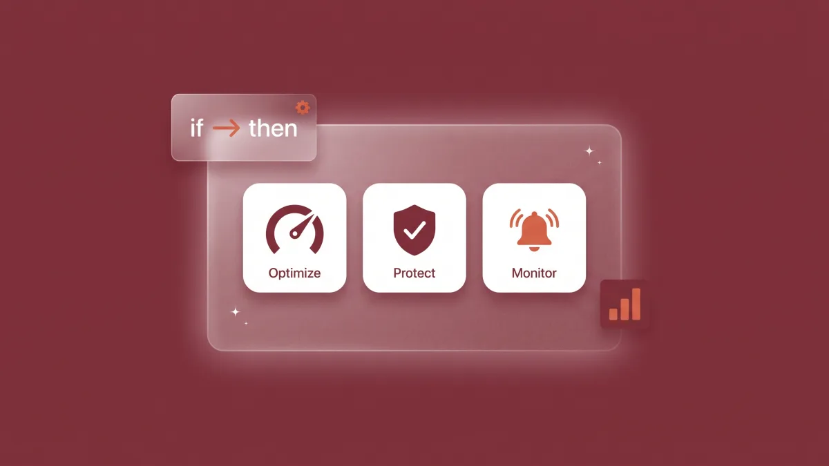 Flat-vector illustration of a translucent Apple Ads automation panel holding three rounded rule tiles — a bid dial labelled optimize, a shield labelled protect, and a coral alert bell labelled monitor — with an if-then rule card floating above, on a burgundy panel