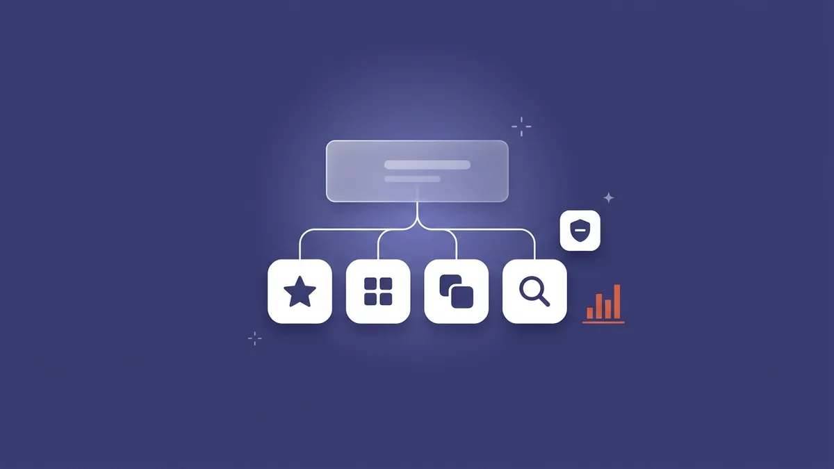 Flat-vector illustration of a frosted account panel branching into four campaign tiles marked with a star, a grid, overlapping app tiles and a magnifier, with a small minus-sign shield and a coral bar chart, on a full-bleed slate indigo panel