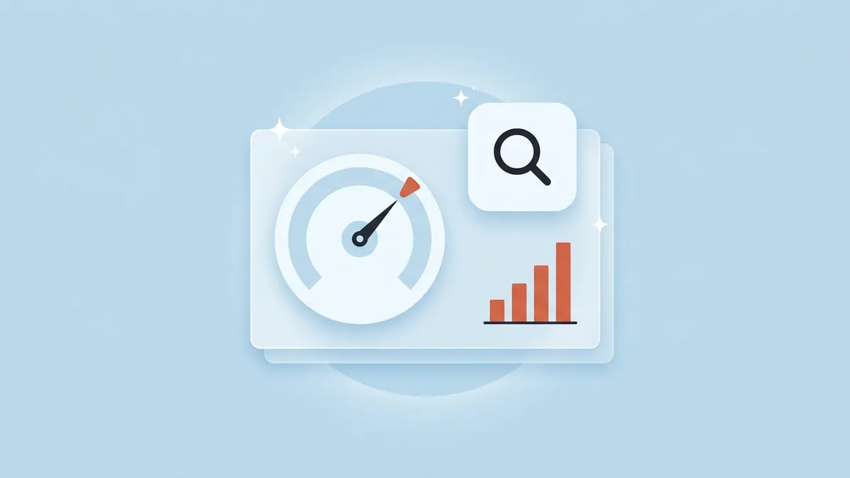 Flat-vector illustration of a translucent Apple Ads campaign panel with a single target-CPA dial set on a coral marker, a floating search-magnifier tile and a small coral install bar chart, on a full-bleed powder blue panel