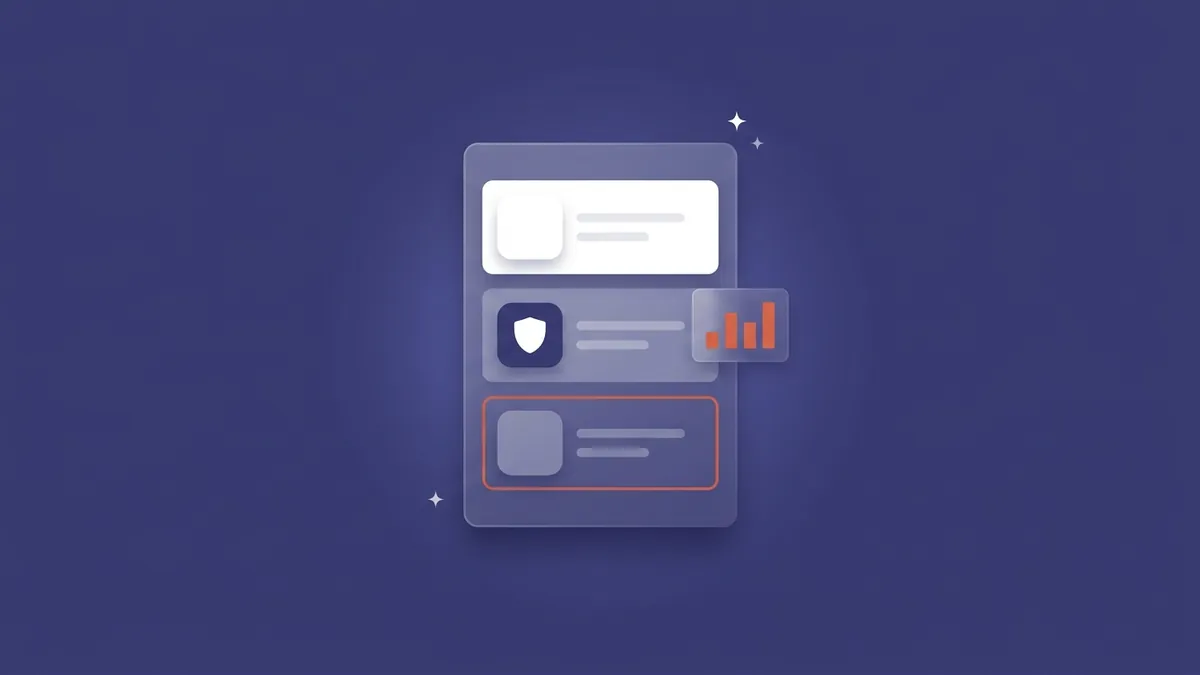 Flat-vector illustration of a translucent App Store search-results column with three stacked rows, a white Ad tile on top, an app listing with a small white shield in the middle and a second Ad tile outlined in coral below, with a small coral bar chart floating beside it, on a full-bleed slate-indigo panel