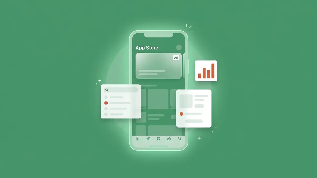 Flat-vector illustration of a translucent iPhone showing an App Store front-page ad card, with floating Search tab and product-page tiles each marking an ad slot with a coral dot and a small coral bar chart, on a full-bleed editorial green panel