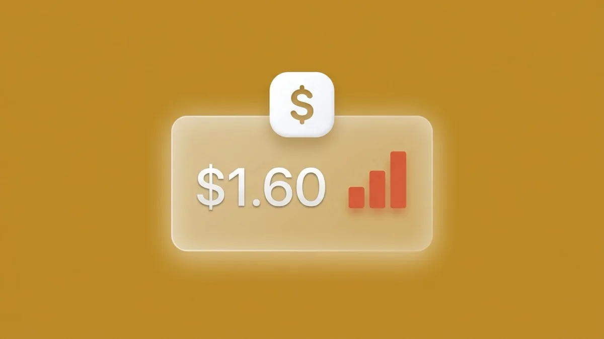 Flat-vector illustration of a translucent calculator panel with a coral cost-per-tap bar chart, a floating dollar tile and a max-bid pill, on a full-bleed golden-ochre panel