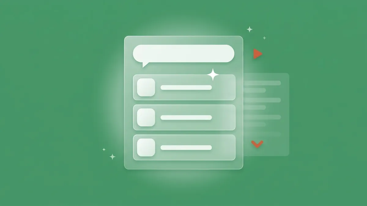 Flat-vector illustration of a translucent Play-style search panel with a chat-bubble query at the top, three stacked translucent app-recommendation cards beneath a small white four-point sparkle, and a faded organic results list pushed down beside them with a small coral down-arrow marking the scroll depth, on a full-bleed editorial green panel