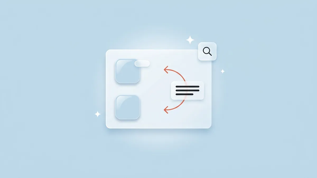Flat-vector illustration of an App Store search result showing the same app as an ad and an organic result, linked by a coral loop through a metadata panel, on a full-bleed powder blue panel