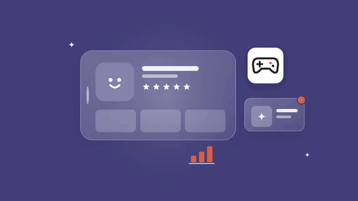Flat-vector illustration of a translucent landscape phone showing a game store listing with a character icon tile and star row, a floating game-controller tile, a small event card with a coral badge and a coral bar chart, on a full-bleed slate indigo panel