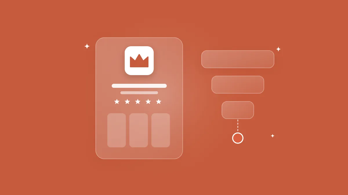 Flat-vector illustration of a translucent App Store product page with a small premium crown tile and a three-step frosted funnel narrowing to one coral dot, on a full-bleed terracotta panel