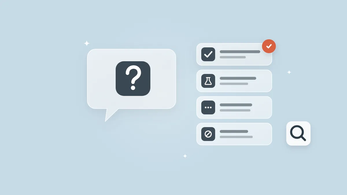Flat-vector illustration of a translucent chat bubble with a question-mark tile beside a stack of four graded answer cards, the top one stamped in coral, and a floating search tile, on a full-bleed powder blue panel