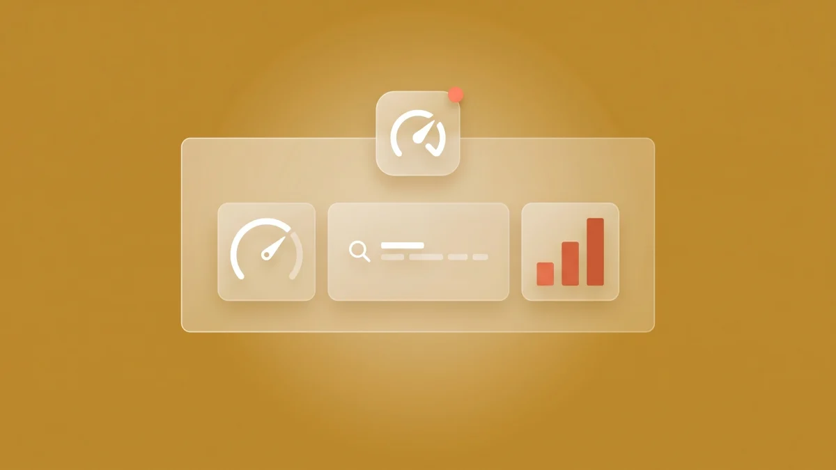 Flat-vector illustration of a translucent Apple Ads campaign dashboard panel holding three rounded tiles — a bid dial, a keyword search row, and a coral ROAS bar chart — with a floating app-icon ad tile above, on a golden-ochre panel