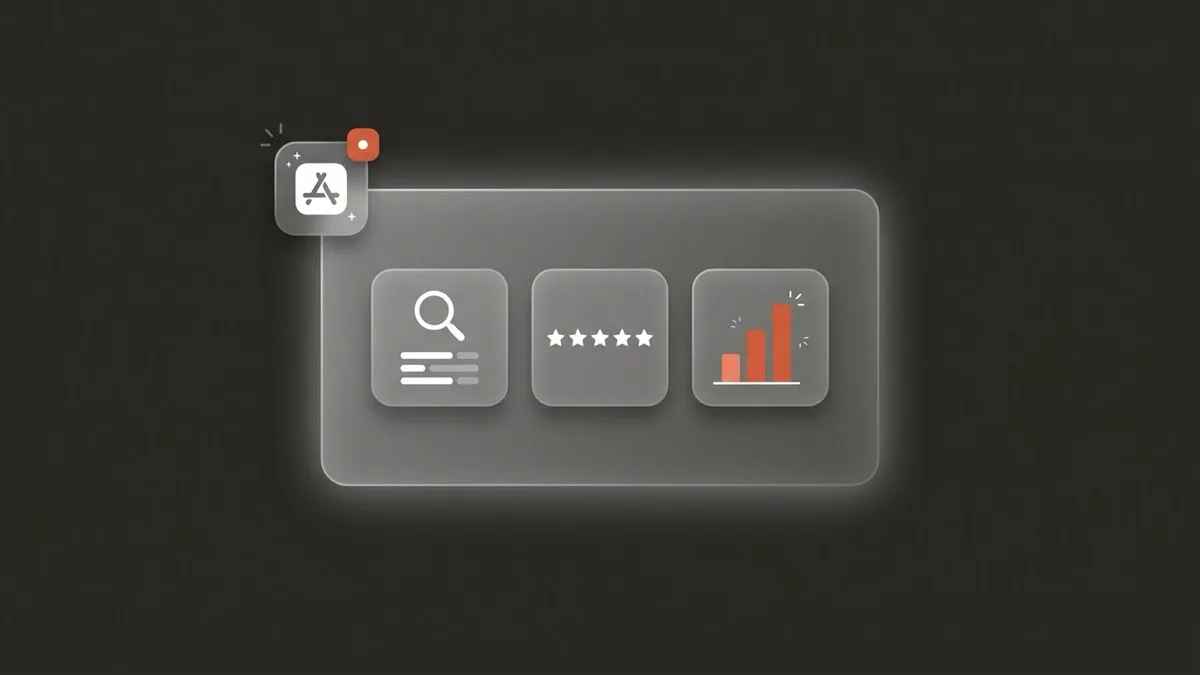 Flat-vector illustration of a translucent ASO dashboard panel holding three rounded tool tiles — a search magnifier with keyword bars, a five-star rating row, and a coral bar chart — with a floating app-icon tile above, on a charcoal panel