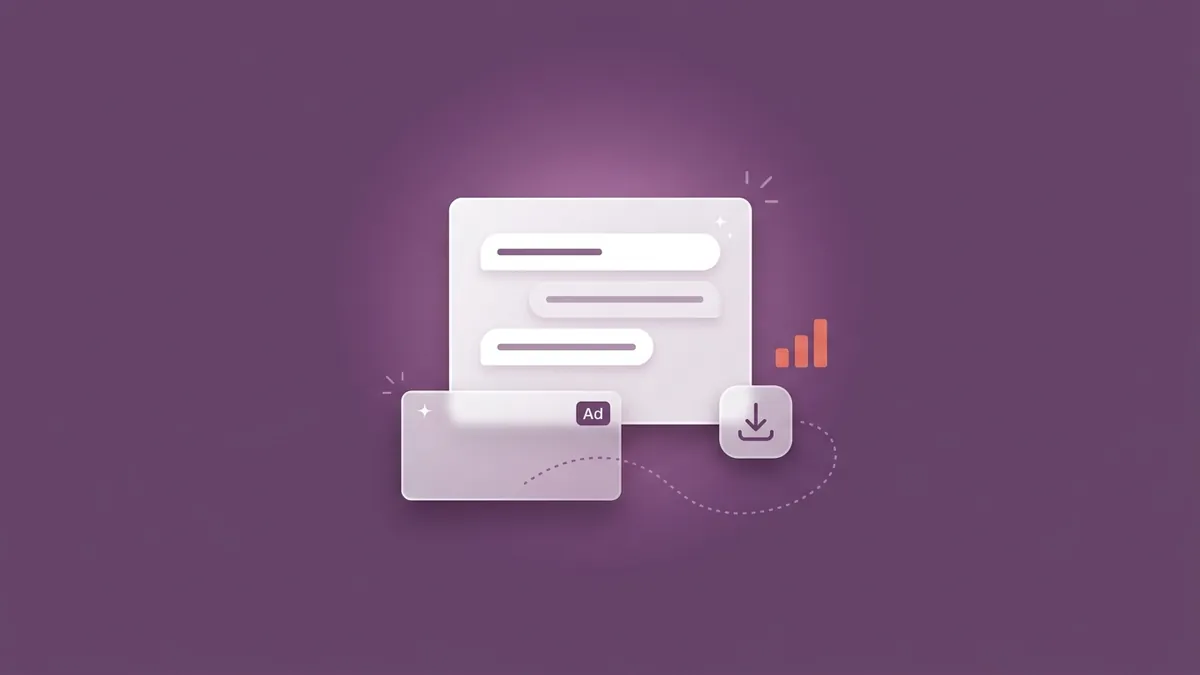 Flat-vector illustration of a translucent chat window with a small ad card beneath the answer, a dotted path to an app icon tile with a download glyph, and a coral bar chart, on a full-bleed plum panel