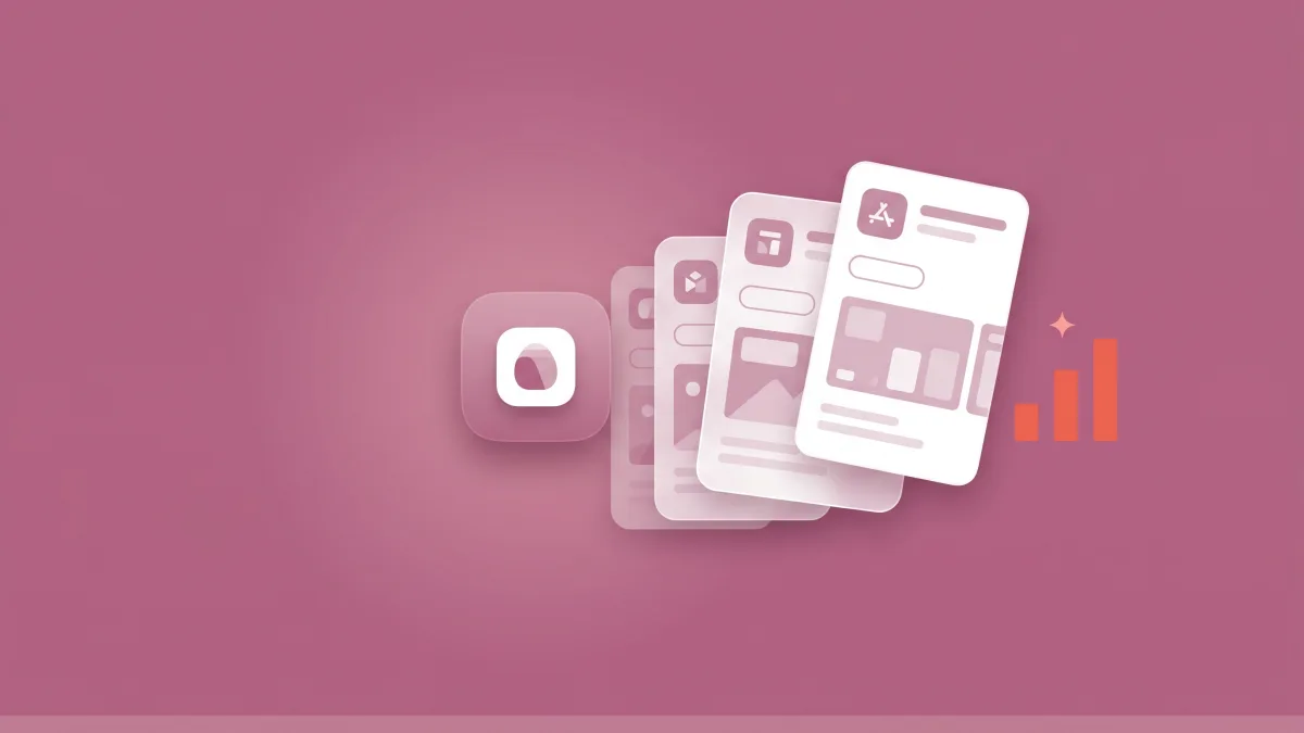 Flat-vector illustration of one App Store app icon fanning out into several distinct translucent product-page cards, each tagged with a different keyword and audience, with a small coral bar chart, on a dusty mauve panel