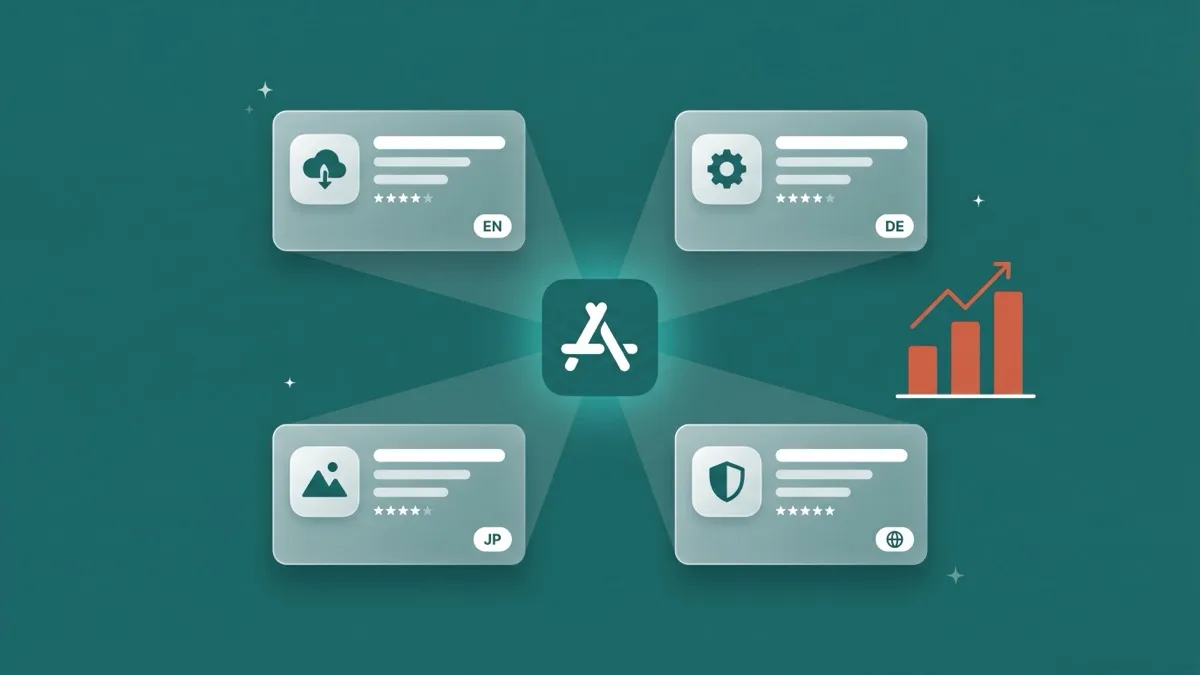 Flat-vector illustration of one App Store app icon radiating into several translucent product-page cards, each tagged with a different country flag and language, with a small coral bar chart, on a teal panel
