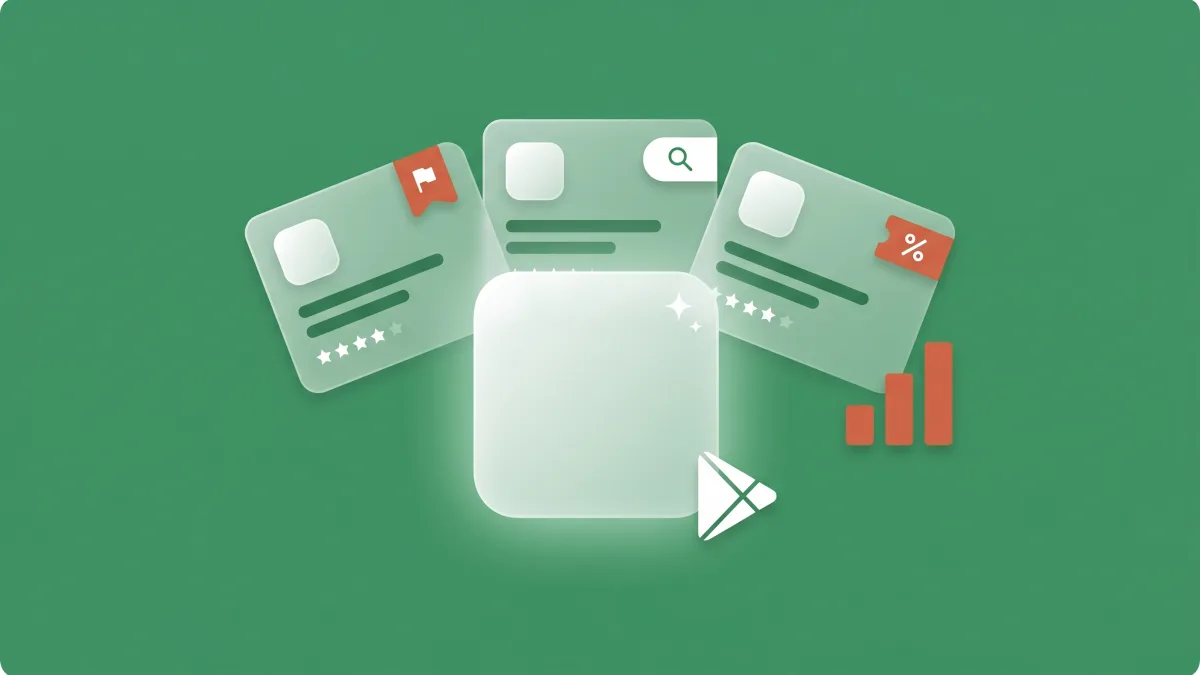 Flat-vector illustration of one app icon fanning out into several distinct Google Play listing cards, each tagged with a flag, a keyword and an offer, with a small coral bar chart, on an editorial green panel