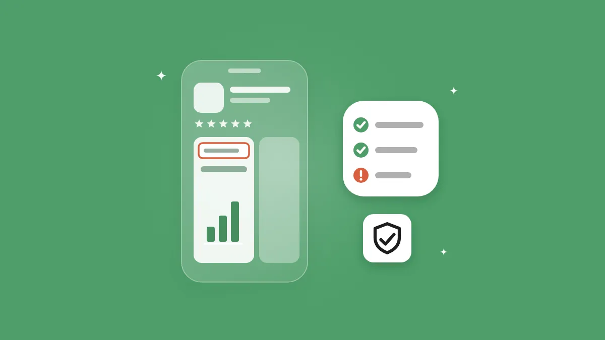 Flat-vector illustration of a translucent phone showing a finance app listing with a coral-bordered disclosure strip on its first screenshot, a floating checklist tile and a small shield tile, on a full-bleed editorial green panel