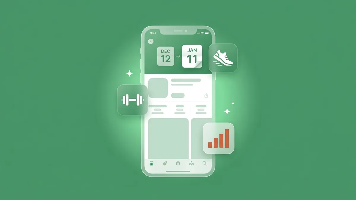 Flat-vector illustration of a translucent iPhone showing an App Store listing whose header panel holds a flipping December-to-January calendar tile, with a white dumbbell tile and a running-shoe tile floating beside it and a small coral bar chart rising, on a full-bleed editorial green panel