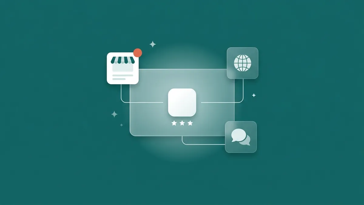 Flat-vector illustration of a translucent chat-answer panel whose answer line resolves into one rounded app-icon tile with a white star row, joined by thin white connector lines to three small source tiles, a store-listing card with a coral citation dot, a globe website tile and a speech-bubble community tile, on a full-bleed deep teal panel
