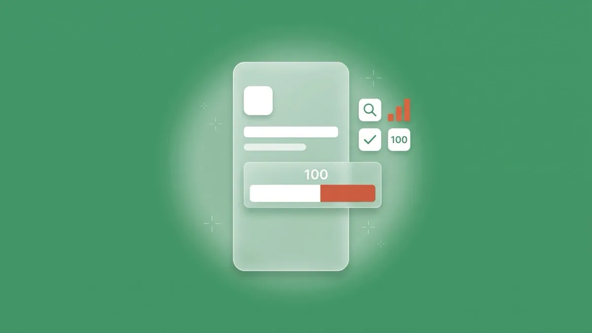 Flat-vector illustration of a translucent app-store listing on a phone with a highlighted 100-character keyword field partly marked in coral, plus three small white tool tiles — a search magnifier, a checklist tick and a 100 counter — and a tiny coral bar chart floating beside it, on a full-bleed editorial-green panel
