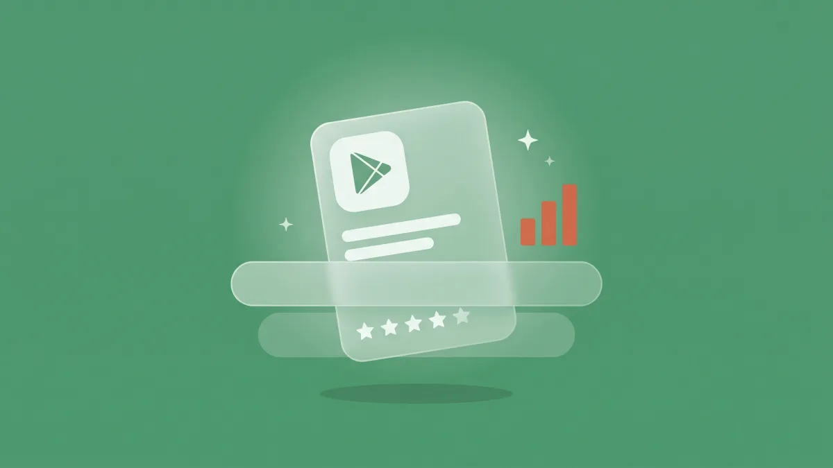 Flat-vector illustration of a Google Play app listing rising through two gates labelled relevance and quality, with a small coral bar chart and a five-star row