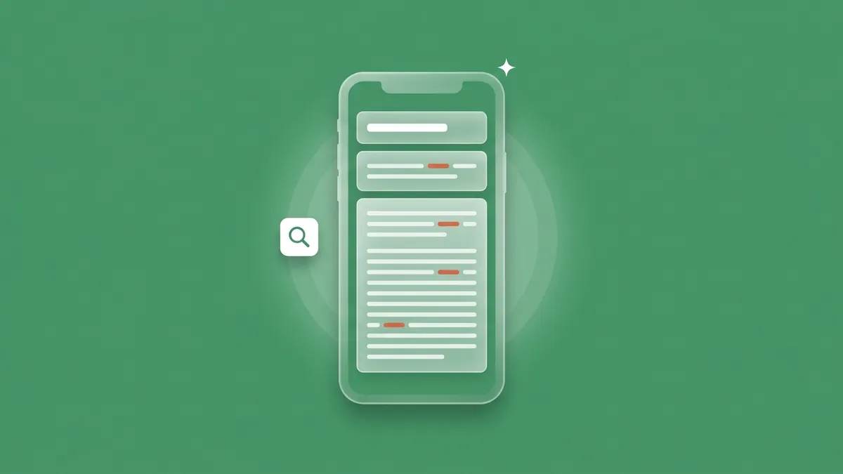 Flat-vector illustration of a translucent phone showing a Google Play listing as three stacked text panels (a short title bar, a two-line short description and a tall full-description block with a few words highlighted in coral), with a small Play-triangle tile beside it, on a full-bleed editorial green panel